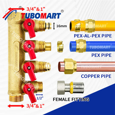 1/2 اینچ برنج Pex Manifold 150 Psi برای پروژه های لوله کشی 200 درجه فارنهایت حداکثر دمای